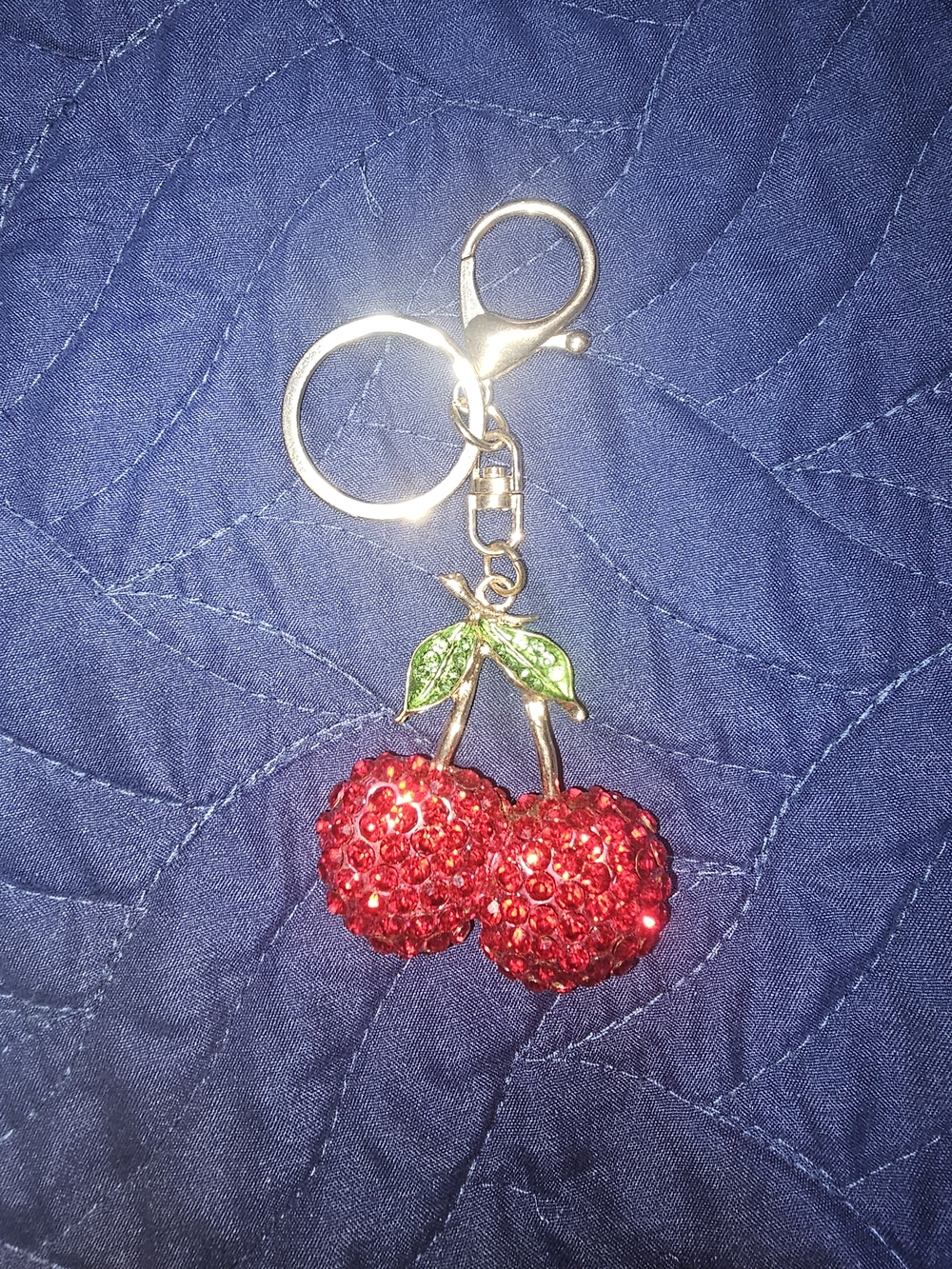 New Red Crystal Cherry Keychain Bag Charm with Green Leaf Accents